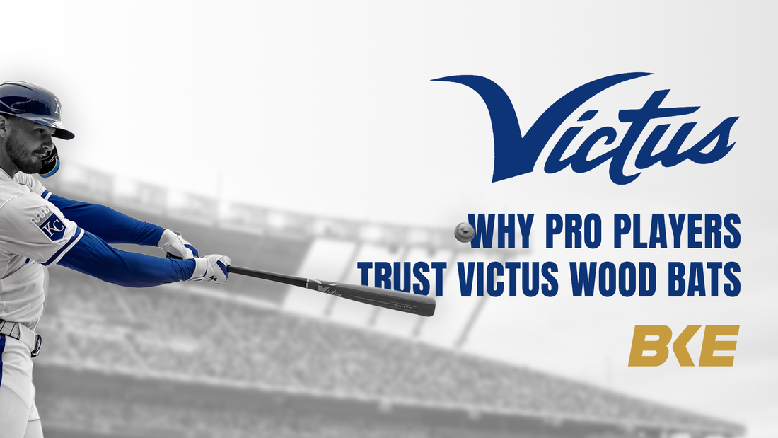 Baseball player swinging a bat with text: Why Pro Players Trust Victus Wood Bats and Victus logo.