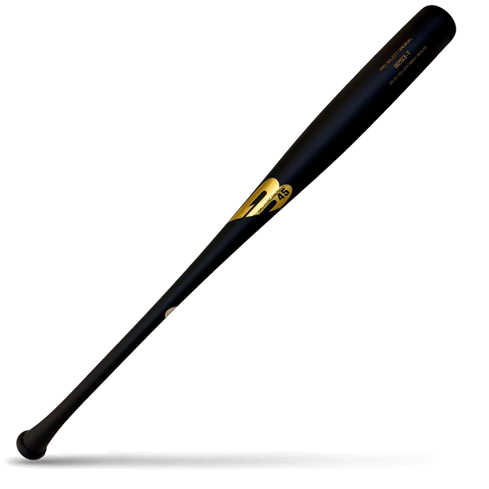 A black birch wood baseball bat with a torpedo-style barrel, featuring gold B45 Pro Select branding, lying diagonally on a white background with a shadow underneath.
