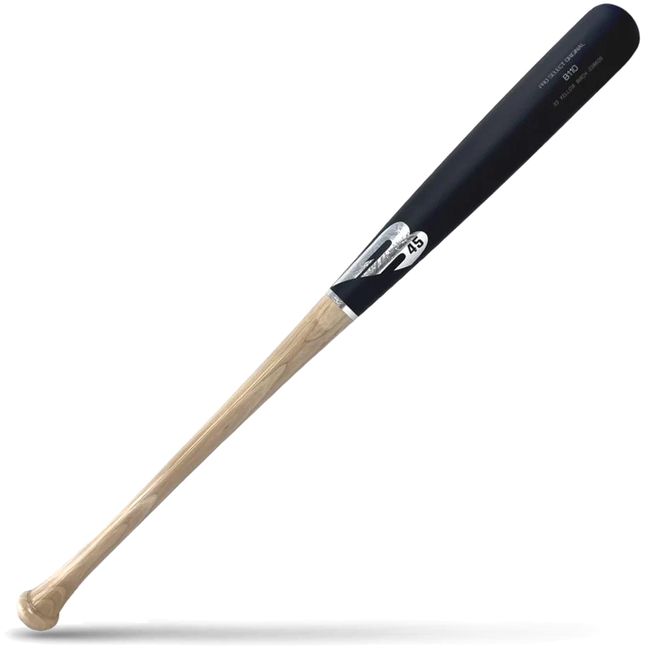A two-tone birch wood baseball bat with a black barrel and a light natural wood handle, featuring silver B45 Pro Select branding, lying diagonally on a white background with a shadow underneath.