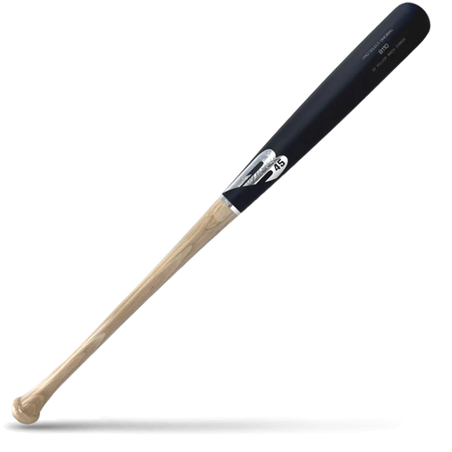 A two-tone birch wood baseball bat with a black barrel and a light natural wood handle, featuring silver B45 Pro Select branding, lying diagonally on a white background with a shadow underneath.