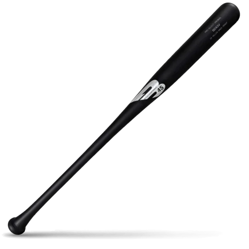A black birch wood baseball bat featuring silver B45 Pro Select branding, lying diagonally on a white background with a shadow underneath.