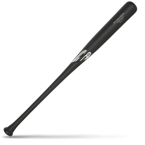 A black birch wood baseball bat featuring silver B45 Pro Select branding, lying diagonally on a white background with a shadow underneath.