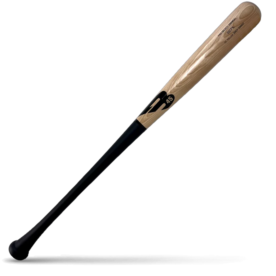 A two-tone birch wood baseball bat with a natural wood barrel and a black handle, featuring black and gold B45 Pro Select branding, lying diagonally on a white background with a shadow underneath.
