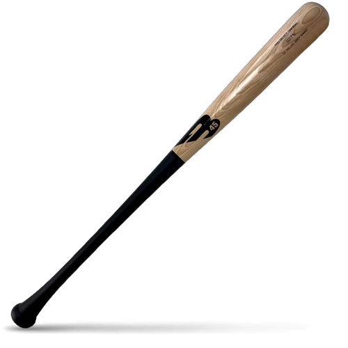 A two-tone birch wood baseball bat with a natural wood barrel and a black handle, featuring black and gold B45 Pro Select branding, lying diagonally on a white background with a shadow underneath.