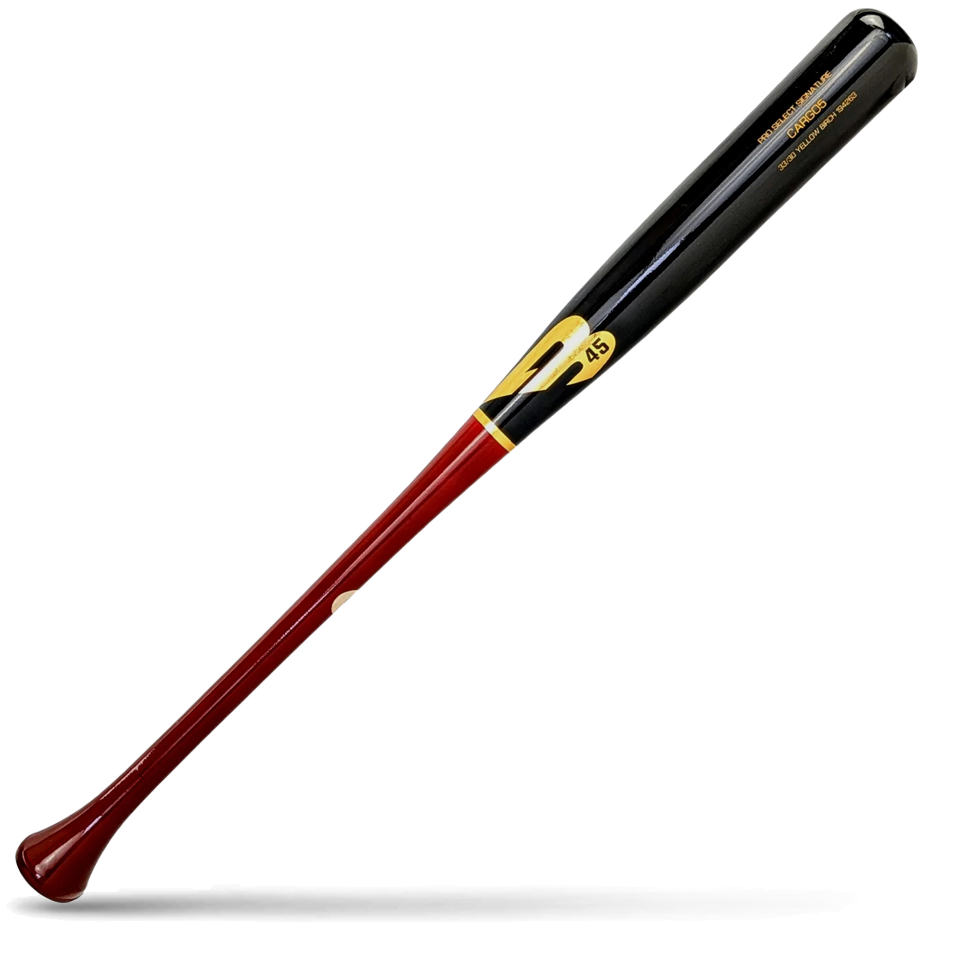 A two-tone birch wood baseball bat with a black barrel and a dark red handle, featuring gold B45 Pro Select branding, lying diagonally on a white background with a shadow underneath.