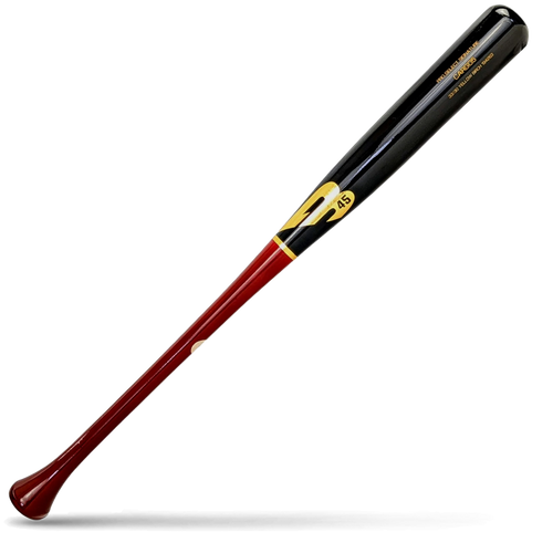 A two-tone birch wood baseball bat with a black barrel and a dark red handle, featuring gold B45 Pro Select branding, lying diagonally on a white background with a shadow underneath.
