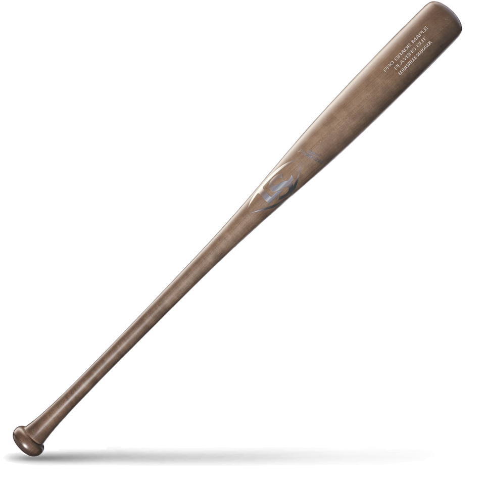 A solid brown maple wood baseball bat with a balanced design and a subtle Louisville Slugger logo, lying diagonally on a white background with a shadow underneath.