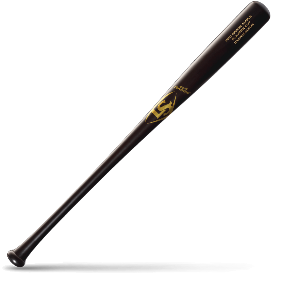 A dark brown end-loaded maple wood baseball bat with gold Louisville Slugger branding, lying diagonally on a white background with a shadow underneath.