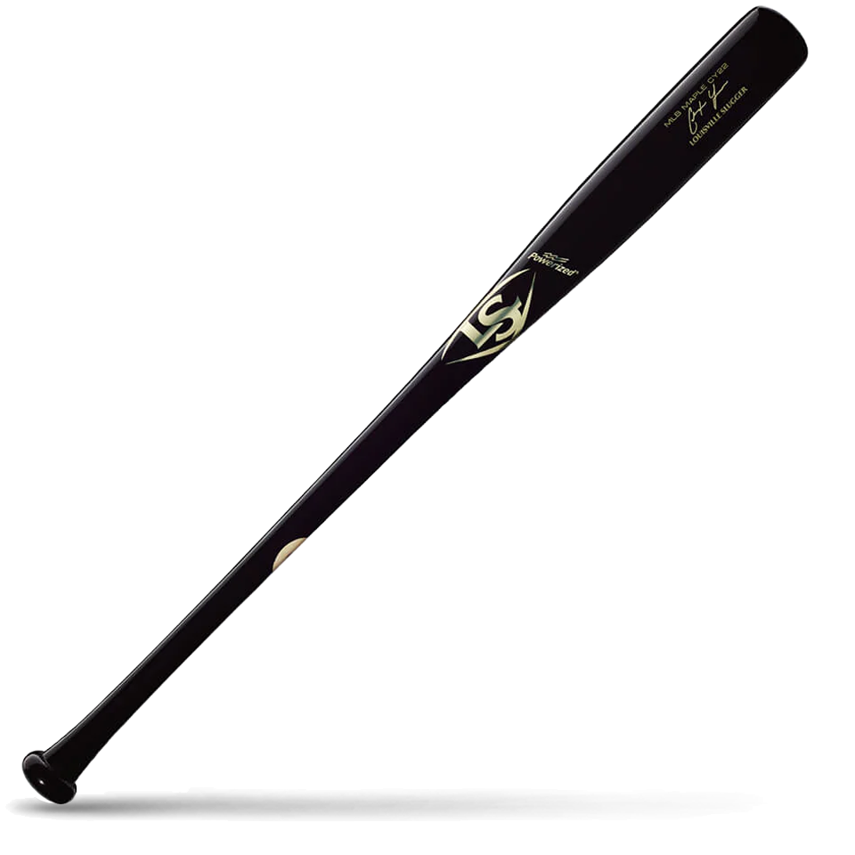 A black maple wood baseball bat featuring gold Louisville Slugger branding and Christian Yelich signature markings, lying diagonally on a white background with a shadow underneath.