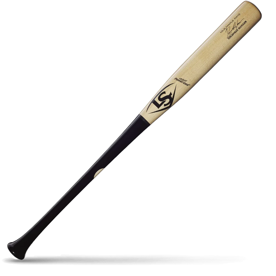 A two-tone baseball bat with a light natural wood barrel and a black handle, featuring the LS logo and Ronald Acuña Jr. signature markings, lying diagonally on a white background with a shadow underneath.