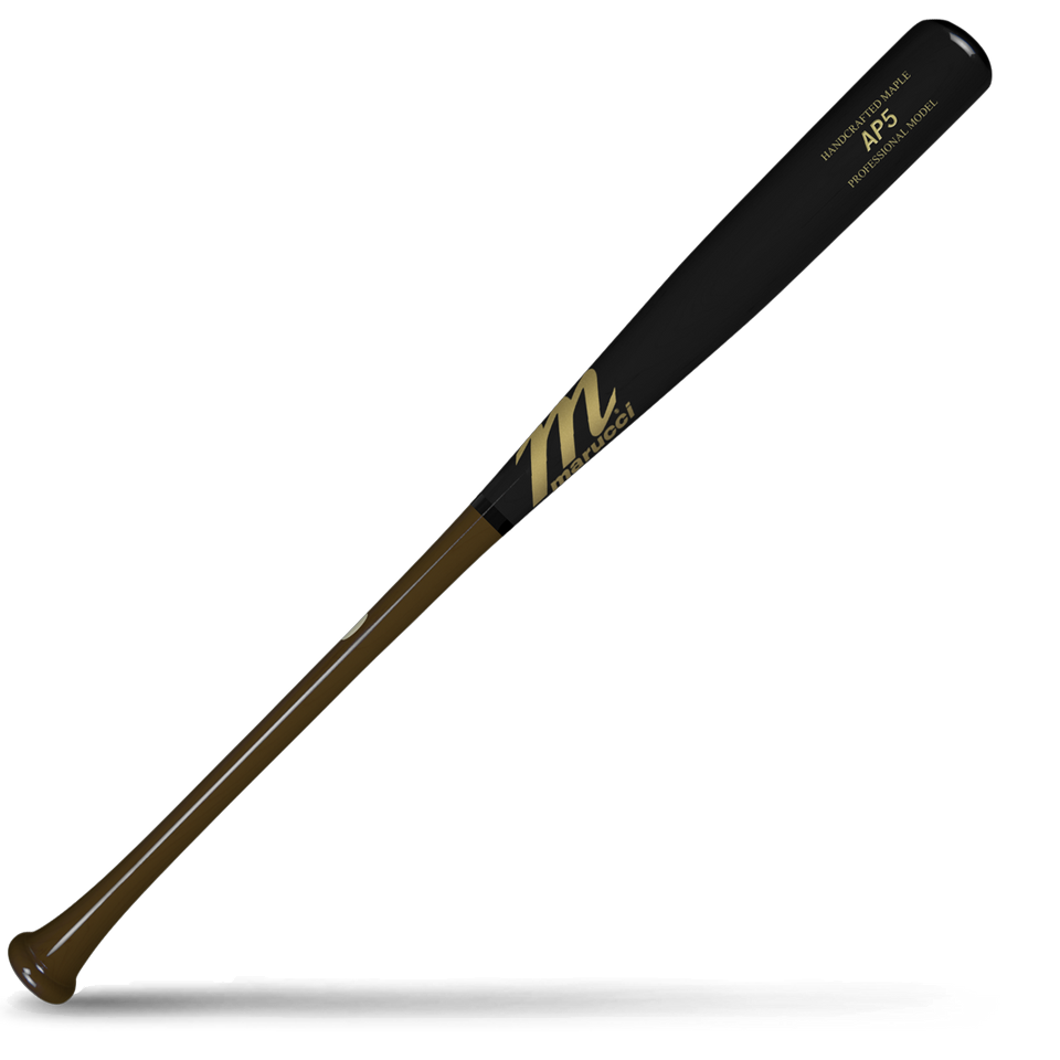 A two-tone maple wood baseball bat with a black barrel and a dark brown handle, featuring Marucci branding and Albert Pujols AP5 Pro Model markings, lying diagonally on a white background with a shadow underneath.