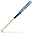 A two-tone maple wood baseball bat with a light natural wood handle and a light blue barrel with a black marbled finish, featuring Marucci branding and Francisco Lindor Lindy12 Pro Model markings, lying diagonally on a white background with a shadow underneath.