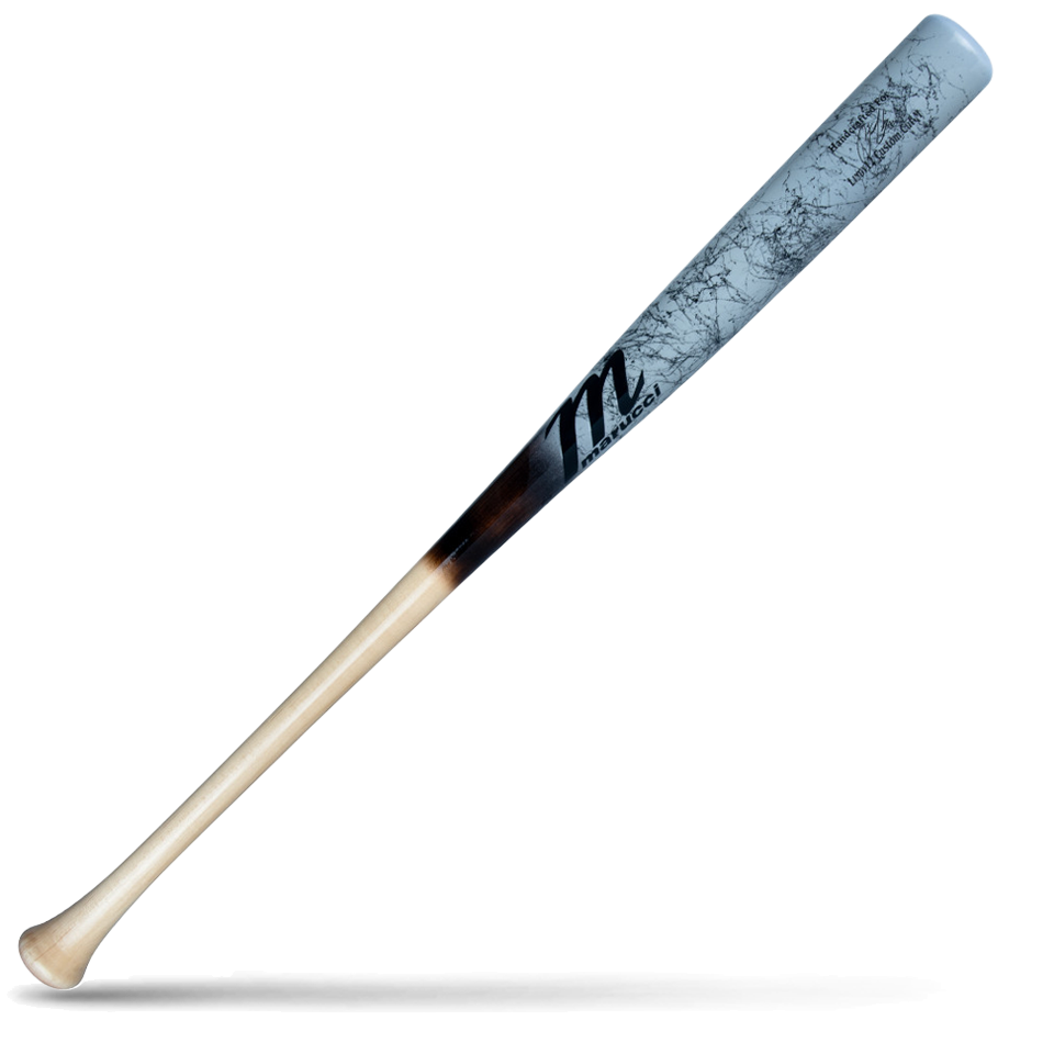 A two-tone maple wood baseball bat with a light natural wood handle and a light blue barrel with a black marbled finish, featuring Marucci branding and Francisco Lindor Lindy12 Pro Model markings, lying diagonally on a white background with a shadow underneath.