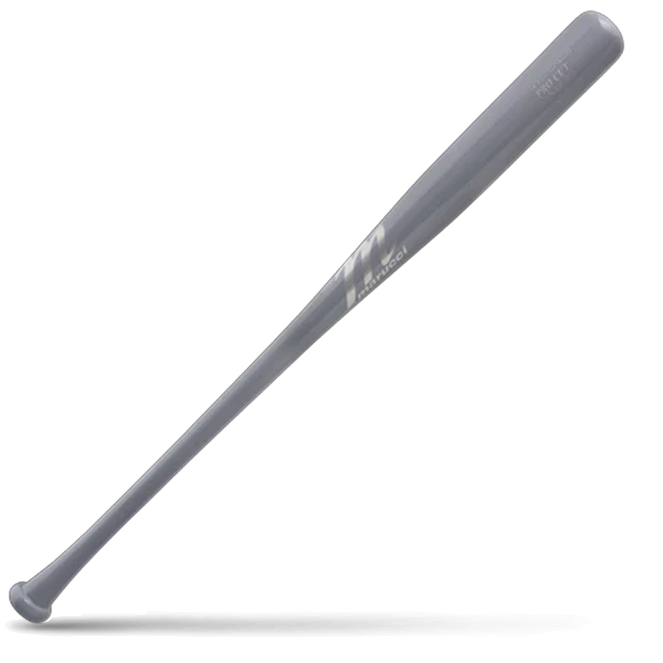 A solid gray maple wood baseball bat featuring Marucci Pro Cut branding, lying diagonally on a white background with a shadow underneath.