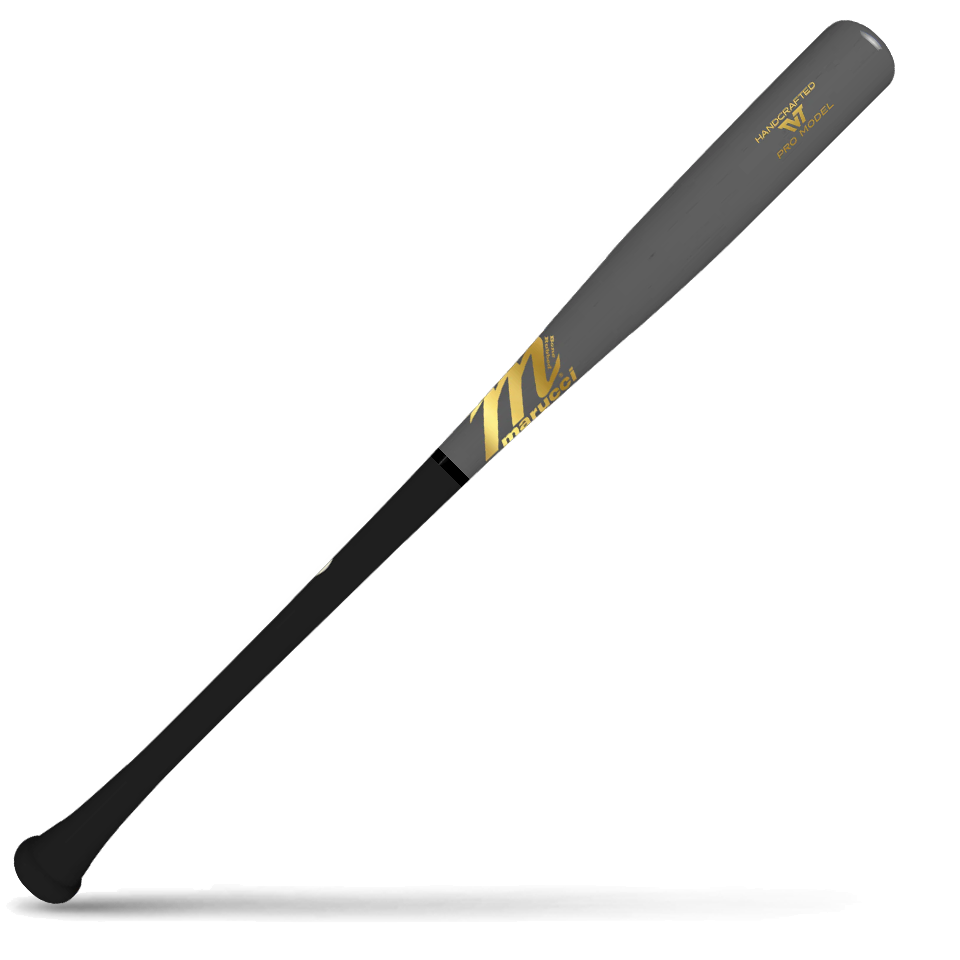 A two-tone maple wood baseball bat with a gray barrel and a black handle, featuring Marucci branding and Trea Turner TVT Pro Model markings, lying diagonally on a white background with a shadow underneath.