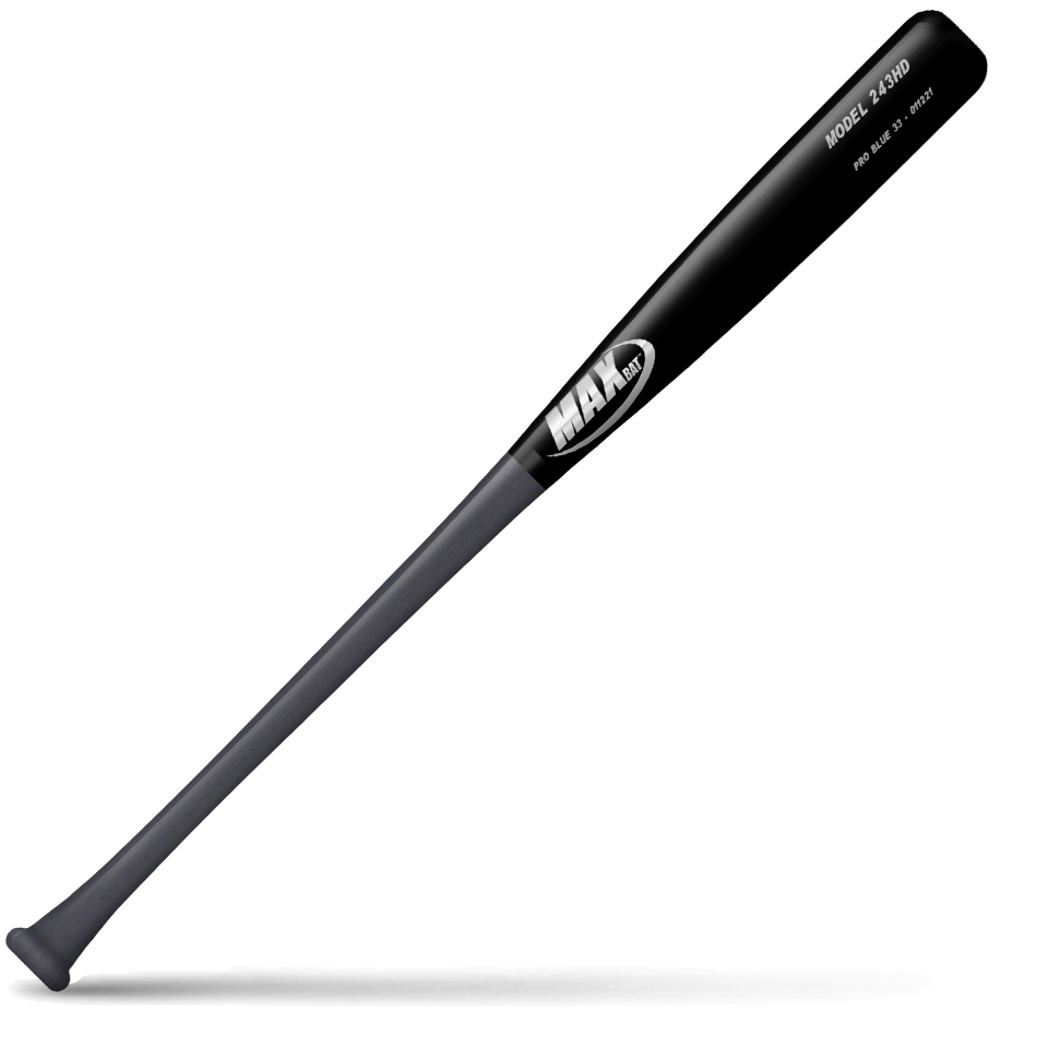 A two-tone maple wood baseball bat with a black barrel and dark gray handle, featuring MaxBat branding and 243HD Pro Model markings, lying diagonally on a white background with a shadow underneath.