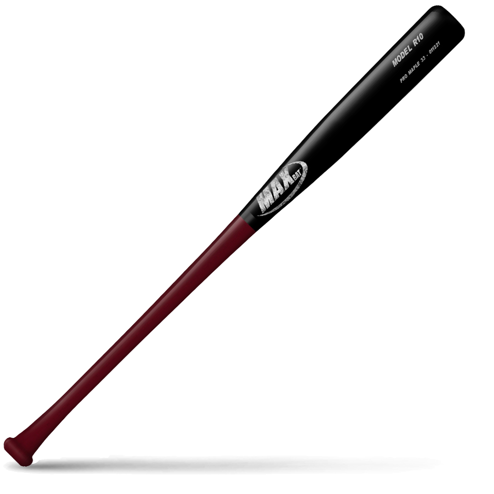 A two-tone maple wood baseball bat with a black barrel and a dark red handle, featuring MaxBat branding and R10 Pro Model markings, lying diagonally on a white background with a shadow underneath.