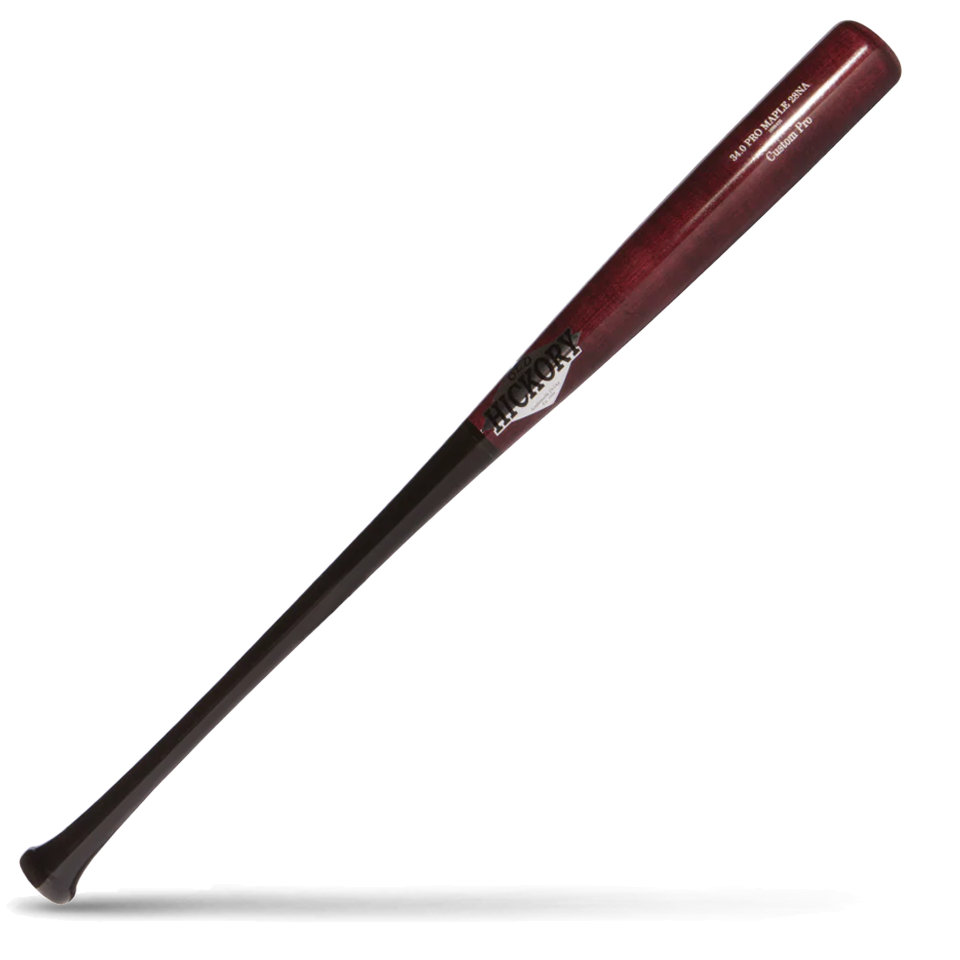 A two-tone baseball bat with a dark red barrel and a black handle, featuring the Old Hickory logo in black, lying diagonally on a white background with a shadow underneath.