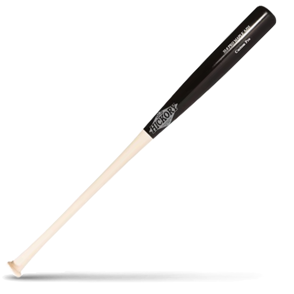 A two-tone baseball bat with a black barrel and a light natural wood handle, featuring the Old Hickory logo in gray, lying diagonally on a white background with a shadow underneath.