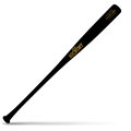 A black wooden baseball bat (Old Hickory Black Label) with gold lettering, lying diagonally on a white background with a shadow underneath.