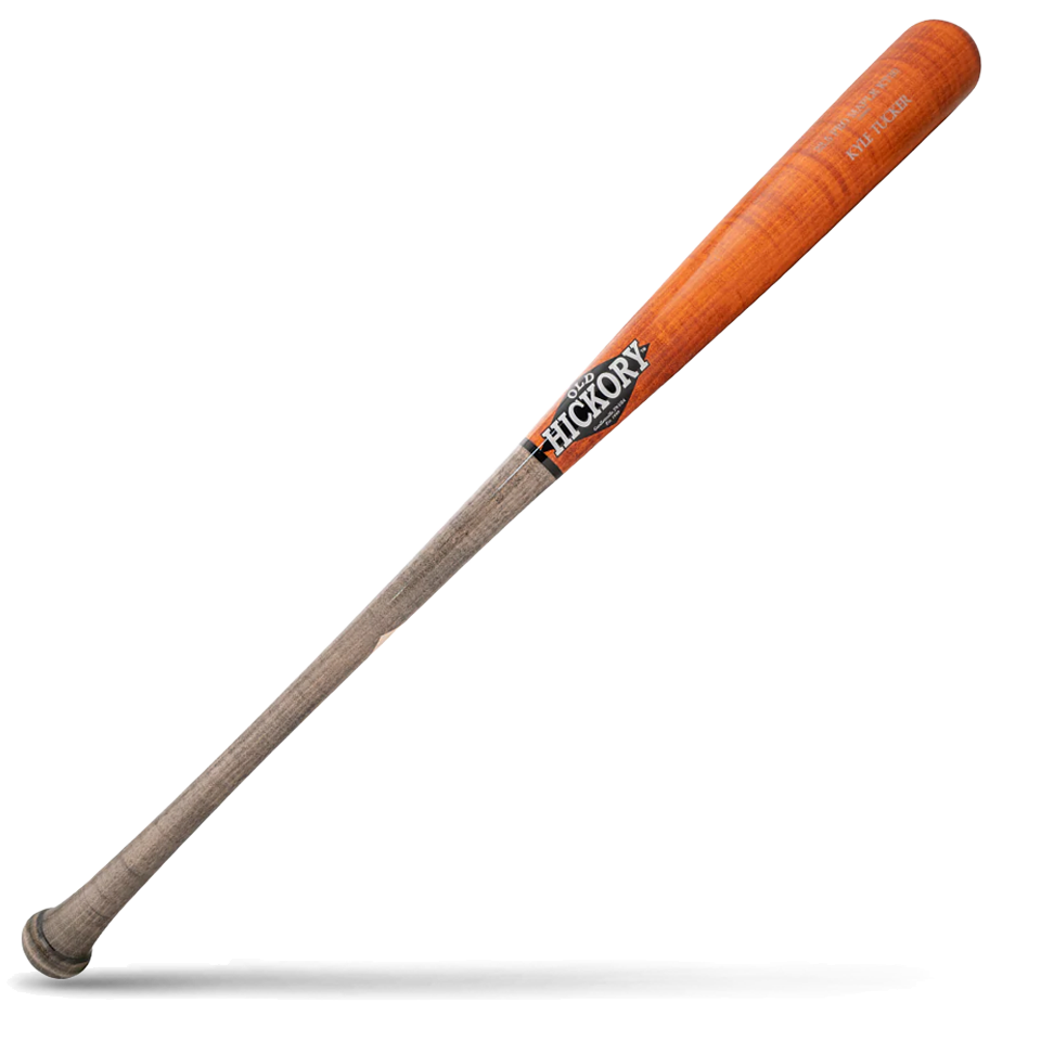 A two-tone baseball bat with an orange-brown barrel and a gray natural wood handle, featuring the Old Hickory logo in black and silver, lying diagonally on a white background with a shadow underneath.