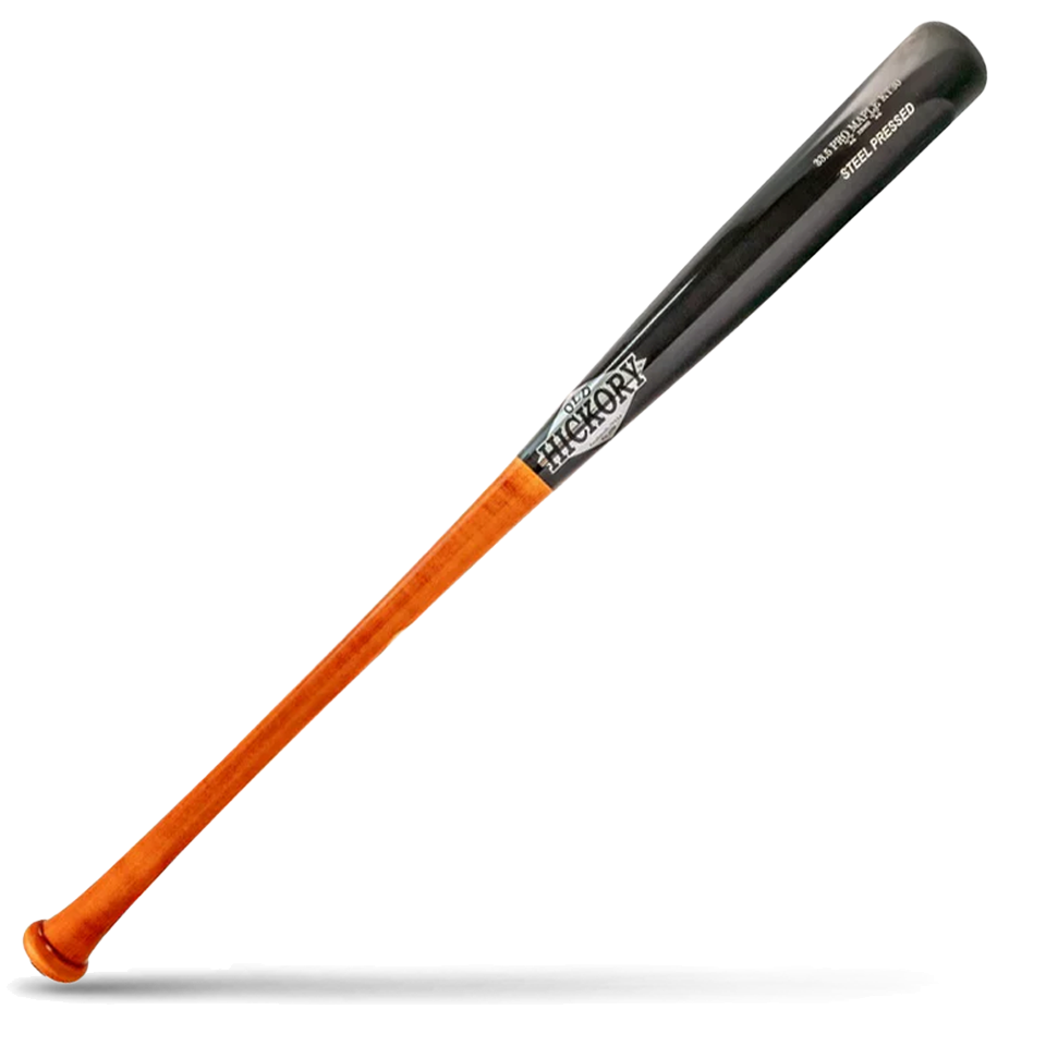 A two-tone baseball bat with a black barrel and a reddish-brown wood handle, featuring the Old Hickory logo in silver, lying diagonally on a white background with a shadow underneath.
