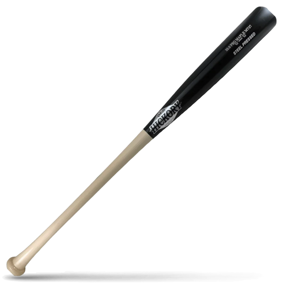 A two-tone baseball bat with a black barrel and a light natural wood handle, featuring the Old Hickory logo in gray, lying diagonally on a white background with a shadow underneath.