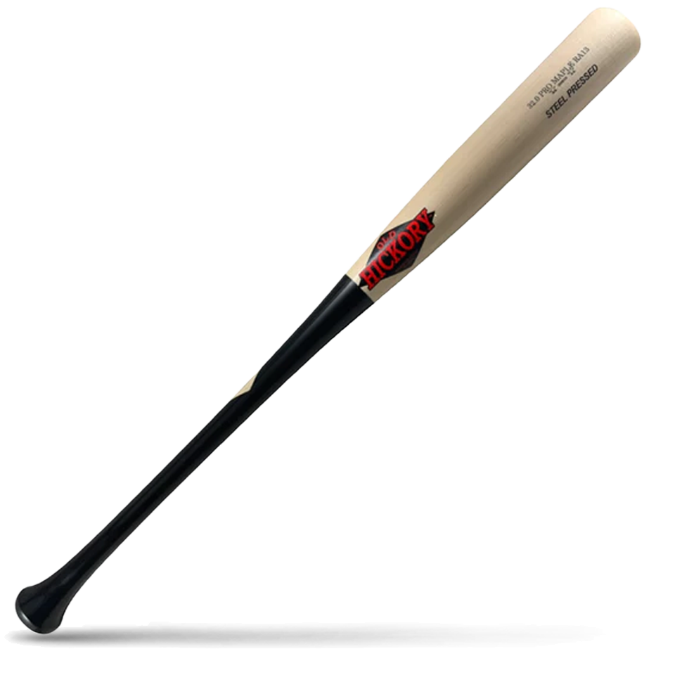 A two-tone baseball bat with a light natural wood barrel and a black handle, featuring the Old Hickory logo in red, lying diagonally on a white background with a shadow underneath.