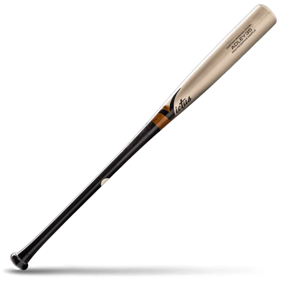 A two-tone wood baseball bat with a light natural wood barrel and a black handle, featuring Victus branding and Adley Rutschman signature markings, lying diagonally on a white background with a shadow underneath.