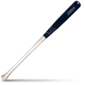 A two-tone wood baseball bat with a dark navy barrel and a light natural wood handle, featuring Victus branding and Julio Rodríguez Pro Reserve markings, lying diagonally on a white background with a shadow underneath.
