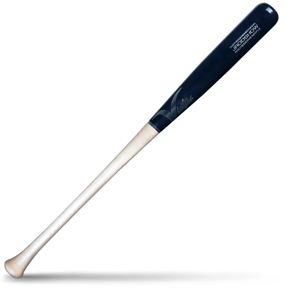 A two-tone wood baseball bat with a dark navy barrel and a light natural wood handle, featuring Victus branding and Julio Rodríguez Pro Reserve markings, lying diagonally on a white background with a shadow underneath.
