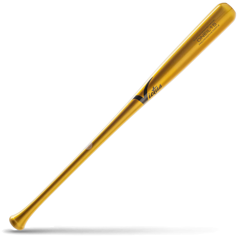 A metallic gold wood baseball bat featuring Victus branding and Oneil Cruz Pro Reserve markings, lying diagonally on a white background with a shadow underneath.