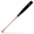 A two-tone wood baseball bat with a black barrel and a light natural wood handle, featuring Victus branding, photographed diagonally on a black background.