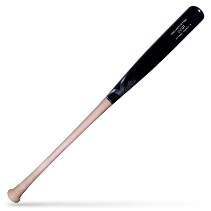 A two-tone wood baseball bat with a black barrel and a light natural wood handle, featuring Victus branding, photographed diagonally on a black background.